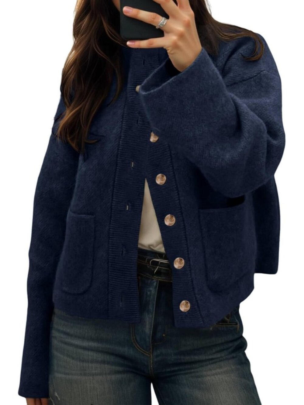 Women Navy Mock Neck Chunky Knit Button-down Front Patch Pockets Cozy Jacket